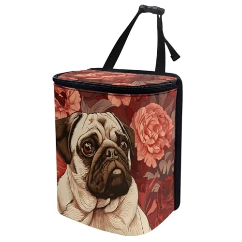 Image of Talayituse Pug Dog Flower Print Car Trash Can with Adjustable Straps, Foldable Car Trash Bag Bin Car Garbage Bag Multipurpose Storage Box for Vehicle Travel Camping Picnicing