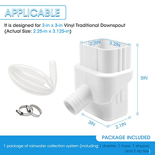 Heavy-Duty and UV-Resistant Rainwater Collection System with 40" Hose for Diverting Water Fits 2’’ x 3’’ Standard Downspout, White, Pack of 1 - Thumbnail 2