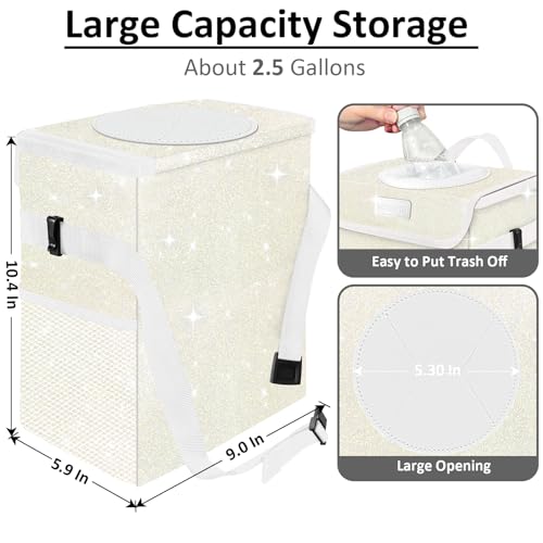 Image of Cute Mini Car Trash Bag with Lid, Glitter Garbage Can Bin Hanging for Back /Front Seat /Console, Waterproof, Leakproof, 2.5 Gallon, Beige Cream Bling Sparkly