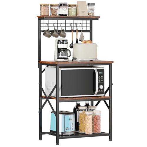Yanara Bakers Rack with LED Light, Small Microwave Stand with 4 Tier Shelves, Coffee Bar Station Table with 6 S Hooks, Kitchen Storage Rack for Spices, Pots, Rustic Brown