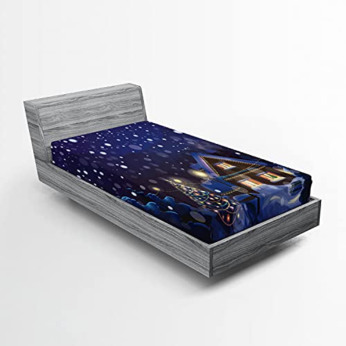 Ambesonne Christmas 2 Pack Fitted Sheet, Winter Night House, Bed Cover All-Round Elastic Deep Pockets 2 Pieces, Package Contains 2 Twin Size Fitted Sheets, Navy Yellow