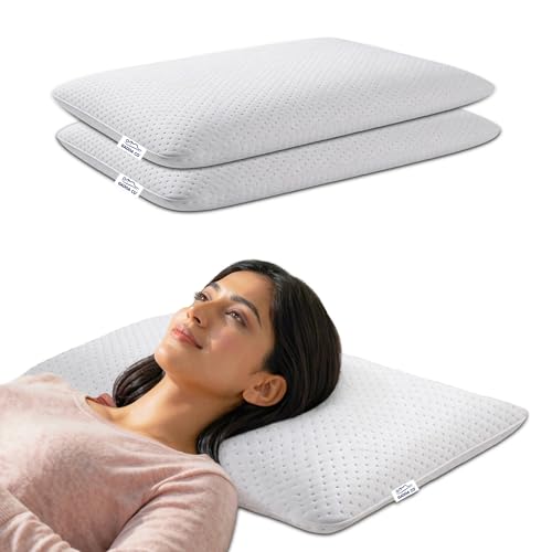 Image of GADDA CO Orthopedic Memory Foam Pillow for Neck, Shoulder & Back Pain Relief - Slim Cervical Pillow for Comfortable Sleep, Removable Jacquard Cover, Size -25x16x4 in, White, 2-Year Warranty, Pack of 2