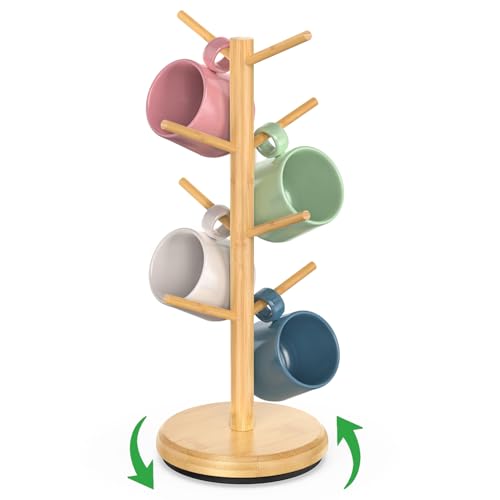 BAMBANG Bamboo Coffee Mug Tree, Rotating Coffee Cup Holder for Counter Top, Coffee Mug Holder, Coffee Mug Rack with 8 Hooks, Coffee Mug Organizer, Mug Stand Hanger for Coffee Bar, Display, Natural