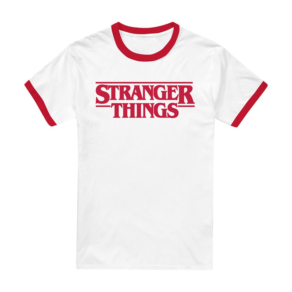 Stranger Things Main Logo Ringer Unisex Ringer T Shirt, White/Red, Large