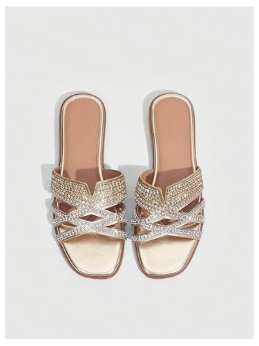 SweatyRocks Women's Sparkly Rhinestone Flat Sandals Open Toe Glitter Slip on Crossed Strap Slide3