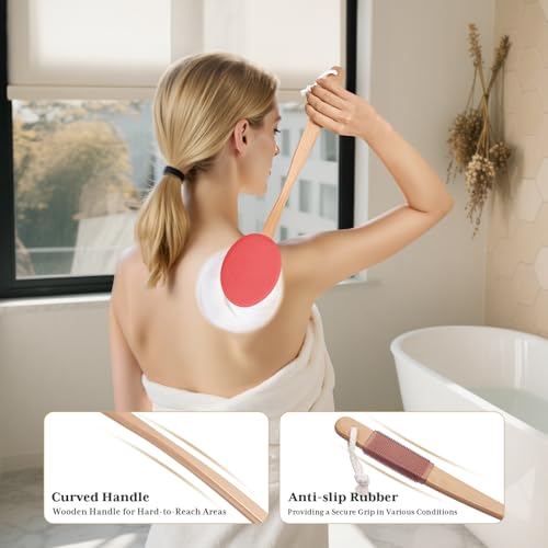 Image of AmazerBath Lotion Applicator for Back, Feet, 4 Replacement Pads with 17 inch Curved Handle, Back Sunscreen Applicator for Kids, Elderly, Women, Apply Skin Cream Medicine Moisturizer Tanner, Rose Red