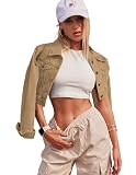 Grabsa Denim Jacket for Women Cropped Button Down Long Sleeve Jean Jacket with Pockets