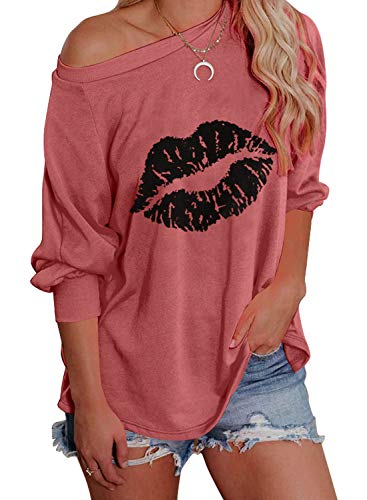Elapsy Womens Autumn Sexy Off The Shoulder Sweatshirt Kiss The Lip Printed Long Sleeve Oversized Pullover Shirt Tops Red M