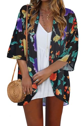 Women Kimono Cardigans Casual Summer Tops Cover up Open Front Floral Print Resort Wear, Colorful Floral on Black, M Women Kimono Cardigans Casual Summer Tops Cover up Open Front Floral Print Resort Wear, Colorful Floral on Black, M