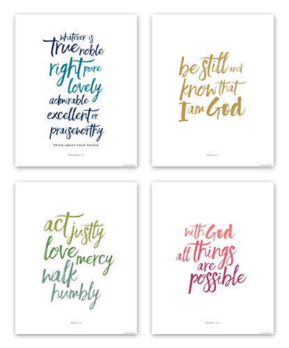 Scriptionery Scripture Wall Art Brush Calligraphy Bible Verse Prints Set of 4 Christian Home Decor for Living Room Bedroom Office Unframed 8x10 Color