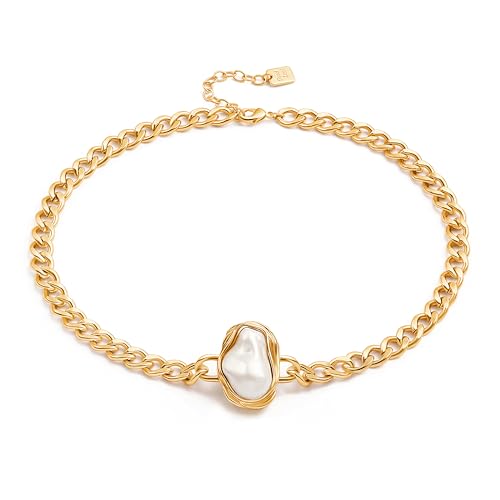 Aobei Pearl Baroque Pearl Pendant Necklace 18K Gold Plated Chunky Flat Cuban Chain Choker Thick Curb Link Collar Jewelry for Women 15”