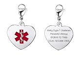 MZZJ Free Engraved ICE Message Stainless Steel Heart Shape Medical Alert ID Charm with Lobster Clasp for DIY Bracelet, Food Drug Allergy Diabetes Medical Keychain for Unisex,Red LOGO,Style 1-Size L