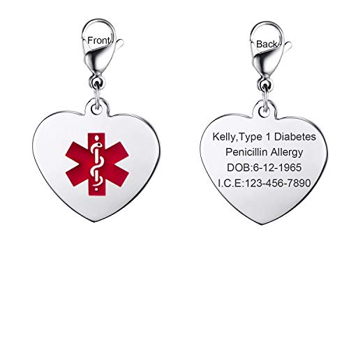 MZZJ Free Engraved ICE Message Stainless Steel Heart Shape Medical Alert ID Charm with Lobster Clasp for DIY Bracelet, Food Drug Allergy Diabetes Medical Keychain for Unisex,Multi Color