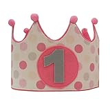 Kembilove Corona de primer cumpleaños - Corona de cumpleaños infantil para niño y niña - Algodón y fieltro de primera calidad - Tamaño universal - Coronas de Lunares rosa y gris - Ideal para fotos