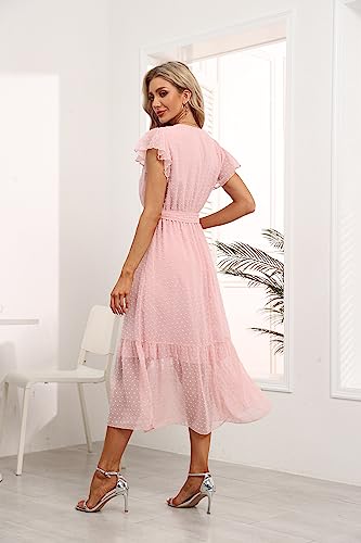 Image of VintageClothing Womens Sundress Casual Floral Summer Boho Dress | Flowy Wrap V Neck Ruffle A-Line Pleated Hem Midi Dresses