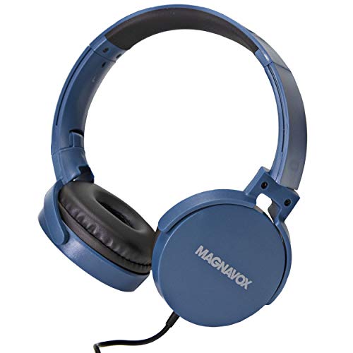 Magnavox MHP5026M-BL Stereo Headphones with Microphone in Blue | Wired on Ear Headphones | Corded Headphones with Microphone | 3.5 mm Plug Suitable for Computers & Mobile Phones |