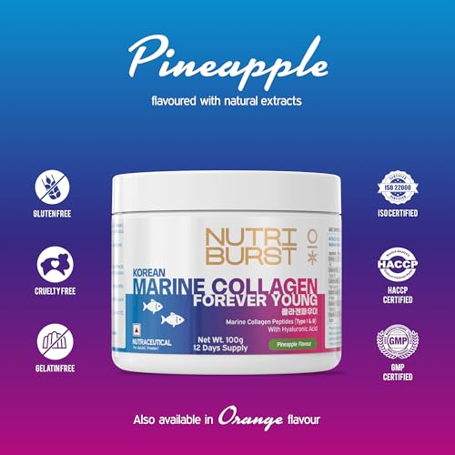 Image of Nutriburst Korean Marine Collagen Powder | Marine Collagen Peptides (Type I & III) with Hyaluronic Acid | 8g High Absorption Collagen per Serving | Pineapple Flavour | For Skin, Hair, Nails & Joint Support | For Men and Women | 100g