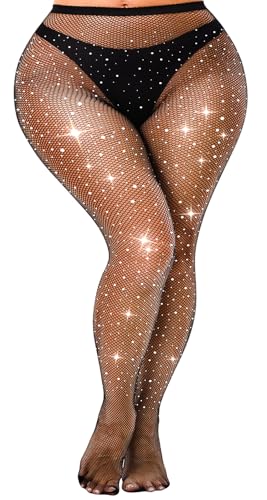 lmotpe 3XL 4XL Plus Size Black Fishnet Stockings For Women Sparkly Tights Rhinestone Fishnets Party Concert Stockings