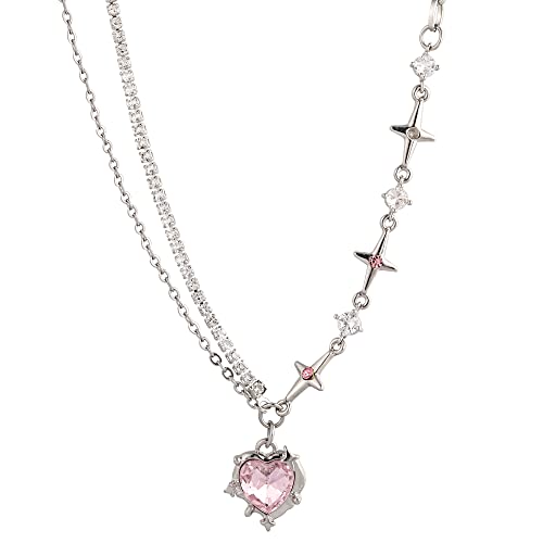 Y2K Heart Diamond Necklaces For Women Crystal Silver Pendant Aesthetic Asymmetric Necklaces