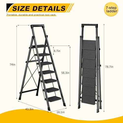 7 Step Ladder with Platform,Heavy Duty Folding Step Stool No Assembly - Image 2