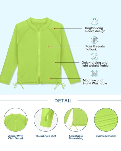 Image of BesserBay Child Girls UPF 50+ Lime Green Swim Shirt Long Sleeve Zip Up Rashguard Top 9-10 Years