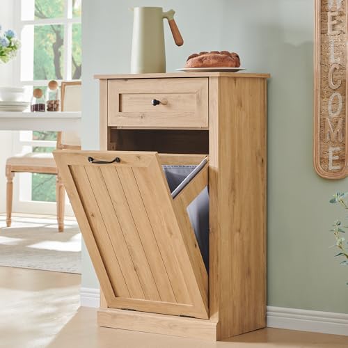 Image of IFGET Tilt Out Trash Can Cabinet, Trash Cabinet w /Drawer, Natural