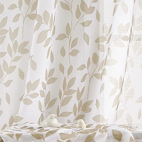 Leaf Print White Sheer Curtains for Living Room Bedroom 54 Inches Drop Taupe Leaves Country Botanical Pattern Eyelet Voile Curtains Light Filtering Linen Textured Semi Sheer Curtain Panels 50 w 2pcs