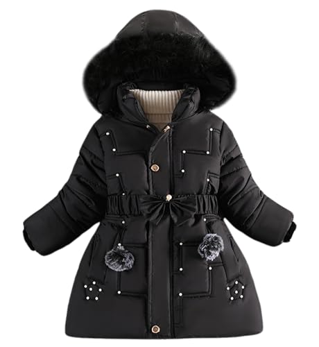 Happy Cherry Kid Girls Fleece Lining Coat with Belt Cute Pearl Dress Coat Winter Warm Fur Collar Snow Puffer Jacket 3-9Y