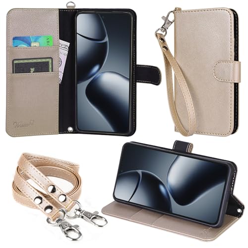 wisers Xiaomi 14T Pro ケース 手帳型 スマホケース 対応 (ゴールド) ストラップ 2種付き (ハンドストラップ/ネックストラップ) 2024年 新型