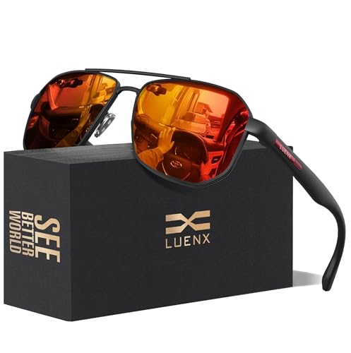 LUENX Aviator Sunglasses for Men Square Polarized Polygon Lens - UV 400 Protection with Accessories Driving Outdoor 61MM Mirror Orange Red Lens