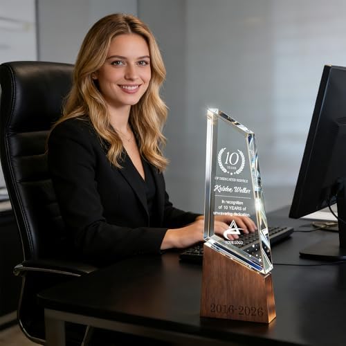 Custom Trophy Award with Wooden Base, Customized Plaque Personalized Engraved and UV Printed with LOGO Text, Employee Appreciation Gifts for Corporate Recognition, Leadership, Boss, Retirement - 1