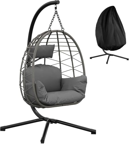 Fauteuil Suspendu en Rotin,Chaise hamac cocooning avec Structure en Acier,Charge 130kg,Chaise Suspendue Oeuf avec Housse de Pluie,Hamac Balançoire pour...