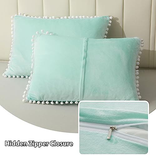 Liferevo BED PILLOW PILLOWCASES Pom Poms Soft Velvet Pillow Cases Set Of 2, Decorative Fringe Fuzzy Throw Pillow Shams, Cute Pillowcases Pillow Covers With Zipper For Kids Girls Teen Women Adults thumb #4