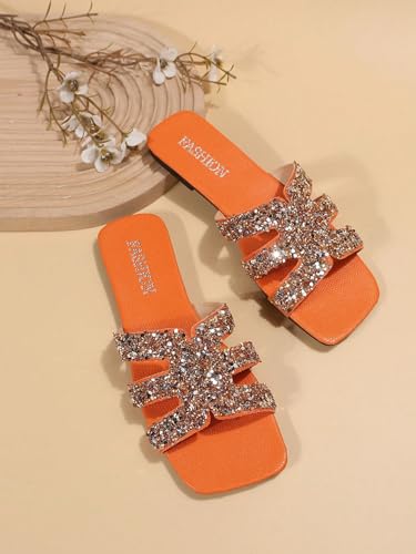 GORGLITTER Women's Orange Shoes Square Toe Flat Sandals Sparkly H Band Slide Sandals Beach Vacation Wedding Sandals4