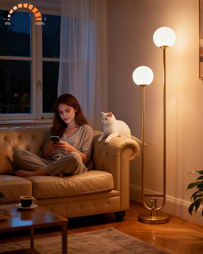 Image of 63IN Dimmable Floor Lamp with Shelf, Unique Globe Gold Tall Standing Lamps with 2 Bulbs, 3000K Warmwhite Mid Century Modern Floor Lamp with 5Lbs Heavy Base for Living Room /Bedroom