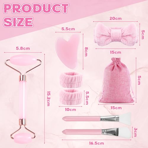 Yuaerbuo Face Massager Gua Sha Board Pink Jade Rollers, Natural Face Roller Gua Sha Jade Rose Quartz Facial Massager Stone, Jade Roller Skincare Headband Face Brushes Guasha Set (Pink)
