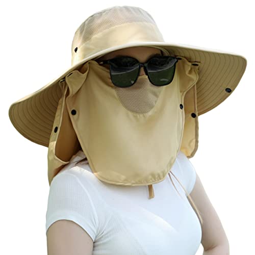 Image of Women Wide Brim Face Mask Sun Hat Detachable Neck Face Flap Ponytail UV Protection Visor Hat Garden Fishing Hiking