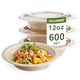 [600 Set]Sugarfiber by Harvest Pack 12oz Round Paper Bowls with Flat Lids - Compostable Heavy-Duty Eco-Friendly Disposable Bagasse Bowls Sugarcane Natural plant fibers for Meal Prep