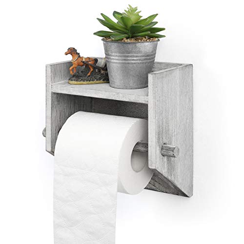 Toilet Paper Holder Wall Mounted Paper Roll Rack Wooden Tissue Paper Organizer With Storage Shelf Vintage Wall Paper Tissue Roll Holder For Bathroom Kitchen Cabinet, Rustic White #TOP4