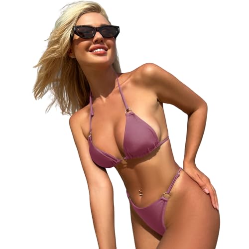 Image of MIKETAI Sexy Bikinis for Women 2 Piece Bikini Spaghetti Strap Swimsuits Solid Color Bathing Swimwear Triangle Bathing Suit