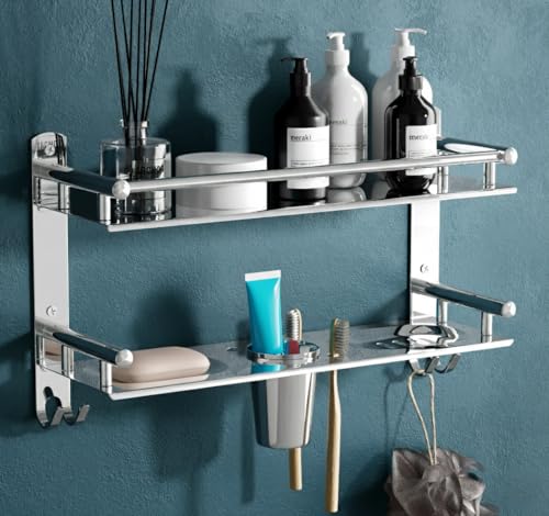 LivesUp Stainless Steel Multi-use Rack, Bathroom Shelf, Soap Stand, Tumbler and Toothbrush Holder, Bathroom Accessories, Silver, Number of Shelves 2