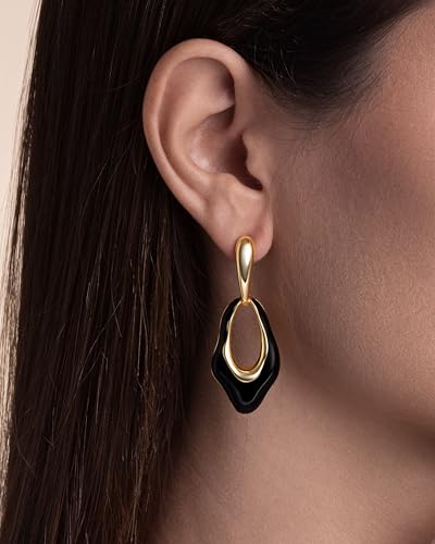Small Oval Dangle Irregular Gold Black Enamel Resin Hoops Statement Earrings for Women by SNGIA, Bold Drop Handmade Exaggerated Trendy Bohemian Flower Jewelry Gifts, Unique Teardrop Baroque Summer Beach Floral Fashion Earrings Accessories, Vintage Nickle Free Huggies Earrings.3