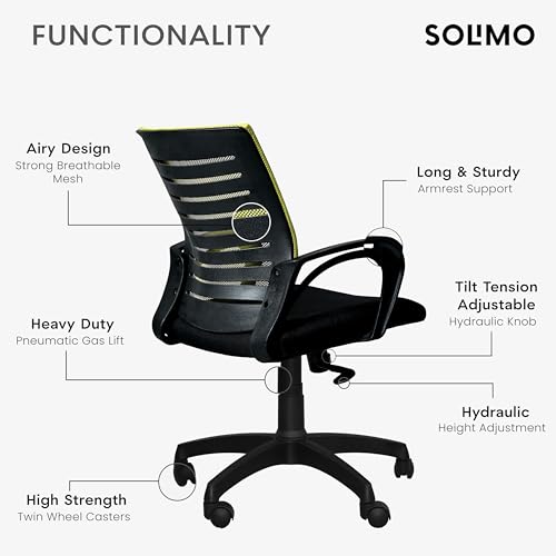 Image of Amazon Brand - Solimo Sitly Mid Back Revolving Office Chair for Work from Home, Study, and Computer Use | Heavy Duty Base | Ergonomic Mesh Design | Durable & Comfortable Seating (Green Mesh)