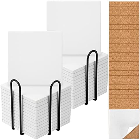 24 Pack Ceramic Tiles for Crafts with 2 Holders, White Unglazed Blank Ceramic Costers with Self-Adhesive Cork Backing Pads for Acrylic Pouring, Painting, Make Your Own DIY Coasters (Square) Cover