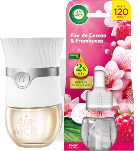 Air Wick Ambientador Eléctrico, Aparato difusor inteligente con tecnología Anti-Fading y Recambio con aroma a Flor de cerezo y Frambuesa, infusionado con 2 veces más aceites esenciales