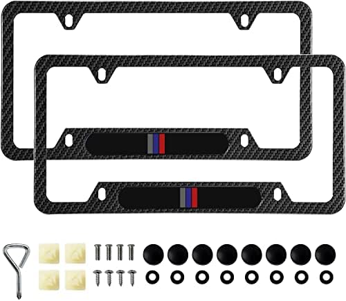 Sports Fashion Carbon Fiber License Plate Frame- 2 Pack Black Aluminum Front & Rear Auto Car Tag Holder Cover, Heavy Duty Bracket with Mount Hardware, Stainless Steel Screws, Caps, Rattle Proof Pads
