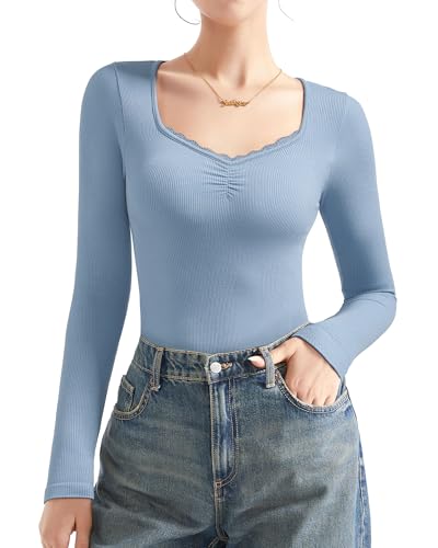 Image of SUUKSESS Women Sweetheart V Neck Long Sleeve Tops Lace Trim Ribbed Modal Fall Going Out Shirts