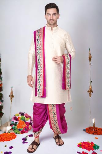 Image of Rameshwaram Fabrics Men's Sherwani Style Dhoti Kurta Set with Angavastram | Traditional Indian Groom Dress | Ethnic Kurta Set for Wedding, Engagement, Festival