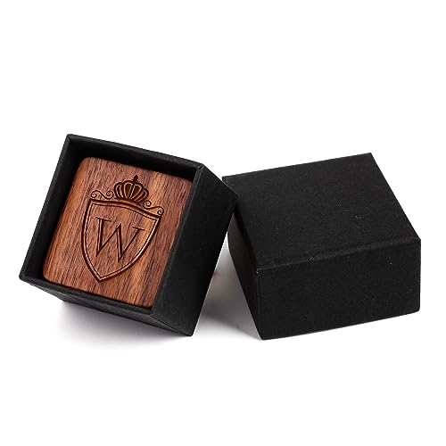 Image of Mens Initial Silver Cufflinks A-Z Alphabet Letter Steel Cuff Links with Engraved Walnut Wood Box Groom Groomsman Wedding Set