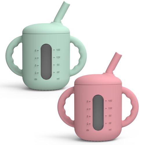 Image of Seposeve 2 Pack Silicone Sippy Cups, Leak-Proof Baby Straw Cup for 6-12 Months, Spill Proof Toddler Cup with Straw 1-3 Years, with Capacity Marking, Non-slip Handle, Flow Control, 6 oz, Green Purple
